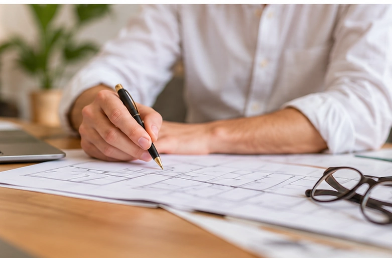 Persona realizando anotaciones sobre un plano arquitectónico en una mesa de trabajo