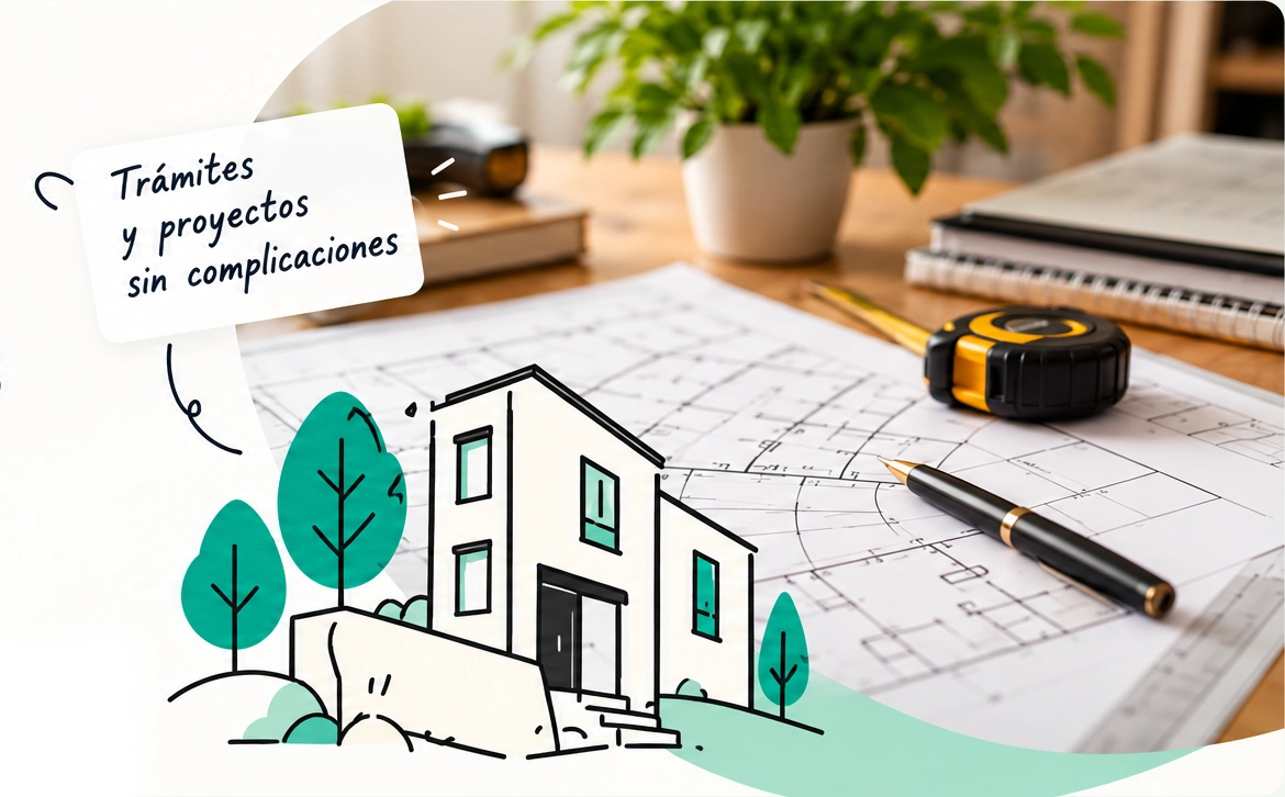 Planos de vivienda y material de dibujo con una ilustración arquitectónica y una nota: Trámites y proyectos sin complicaciones