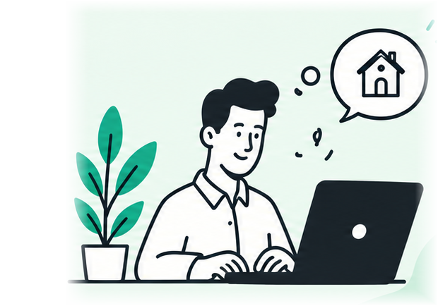Ilustración de un técnico trabajando con un portátil y una planta junto a él